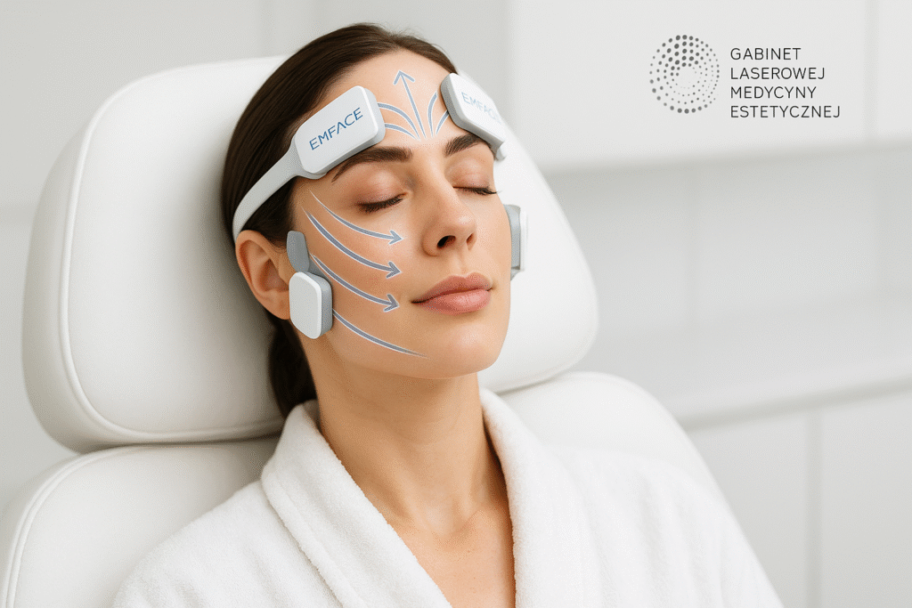Pacjentka podczas zabiegu EMFACE – głowice na policzkach i czole unoszą owal twarzy
