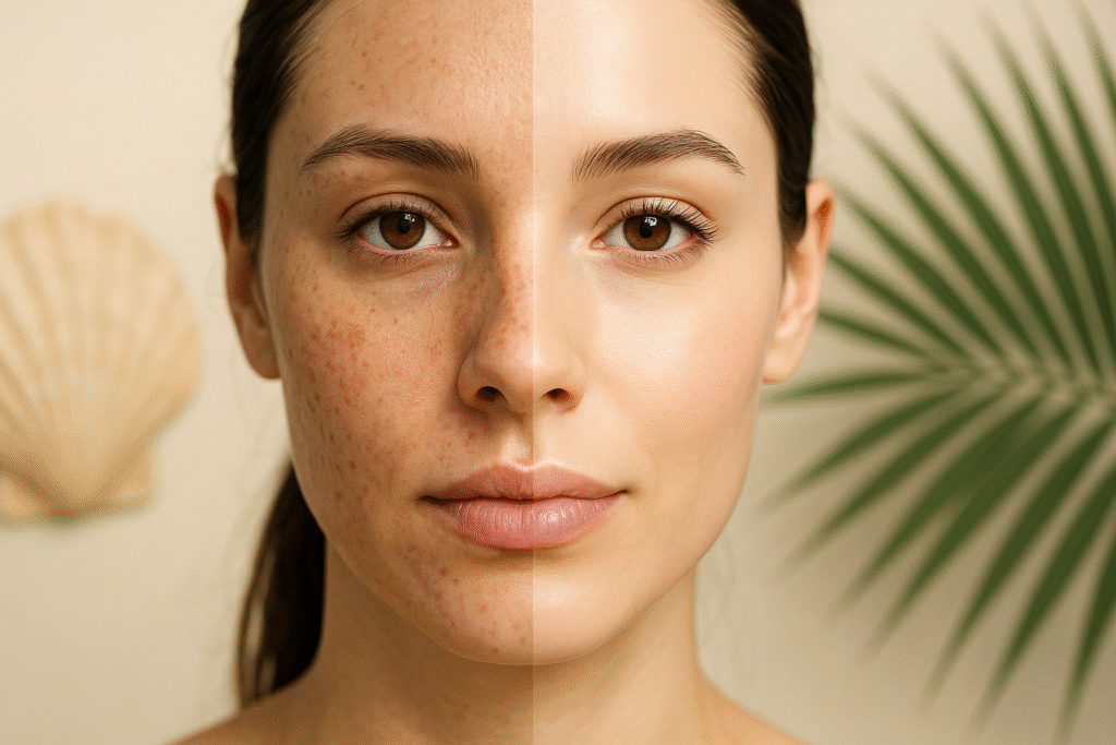 Efekty rewitalizacji skóry po lecie – twarz przed i po zabiegach na przebarwienia i suchość