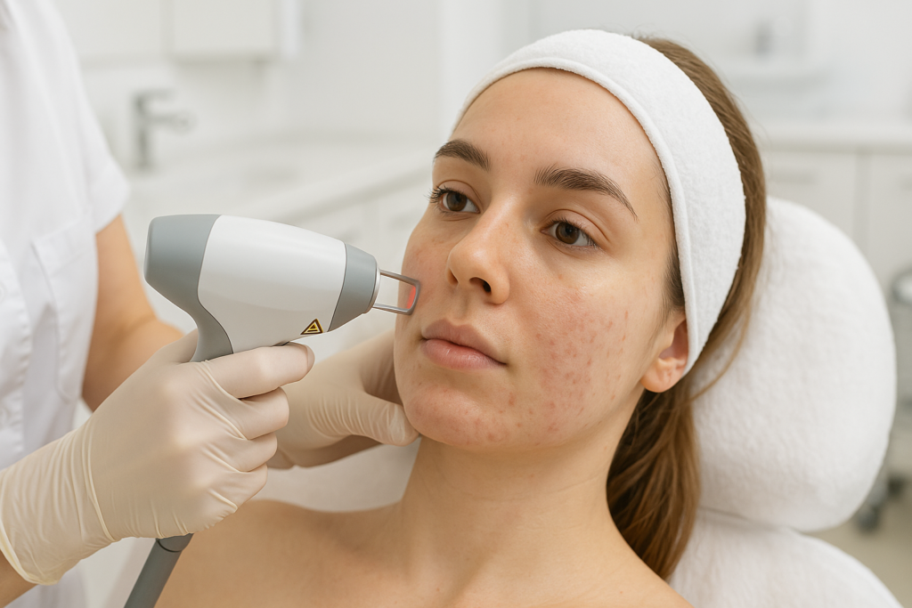 Zabieg laserowego leczenia trądziku na twarzy pacjentki w gabinecie medycyny estetycznej