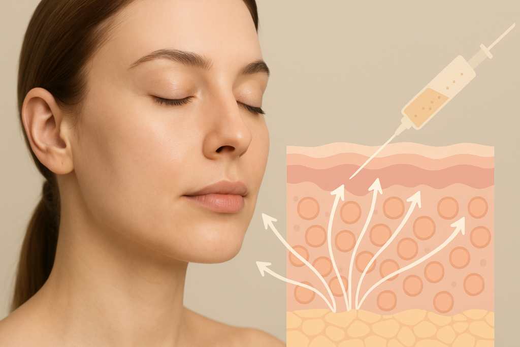 Schemat działania biostymulatora skóry drugiej generacji na warstwy skóry